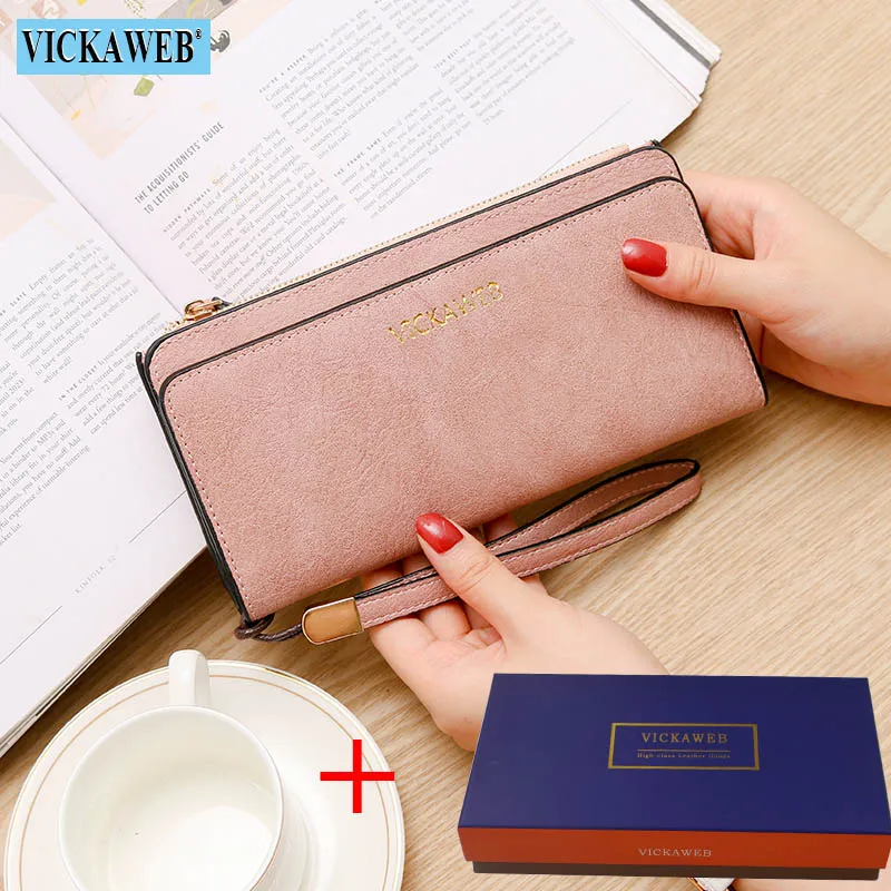 VICKAWEB Trifold кошелек женский браслет Дамский Длинный модный однотонный кошелек для денег Женский на молнии с застежкой женские кошельки и кошельки клатч - Цвет: Pink Wallet and Box