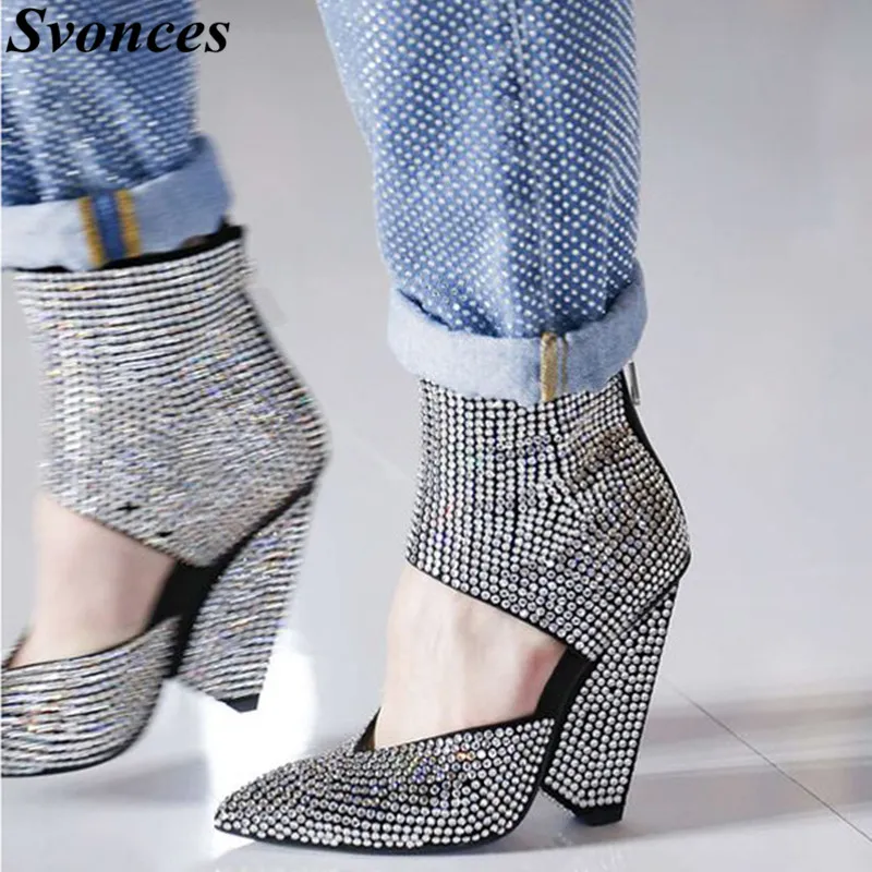 

Silver Rhinestone High Heel Shoes Women Ankle Wrap Chunky Spike Heels Pointed Toe Pumps 2019 Full Crystals Runway Party Shoes