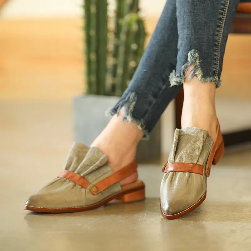 

2019 Summer Casual Women Shoes Retro Leather Woman Sandals Elegant Slippers Slip On Female Shoes Breathable Grey Brown