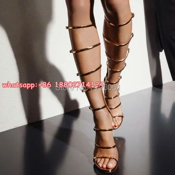 ФОТО Platform Knee High Stiletto Summer Long Boots Silver Gold Hollow Out Thin Heels Rome Style Woman Sandal Boots Shoes Leather 