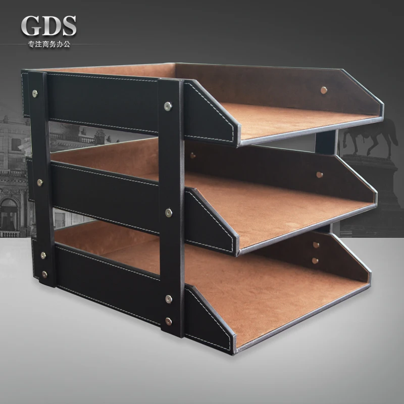 Gardensun 3 layer brown leather office document tray case file holder rack desk file organizer