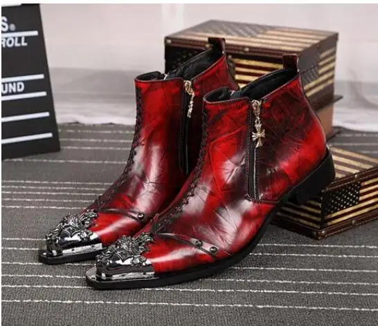 

New Arrivals 2017 Spring Handsome Men Red Metal Pointed Toe Ankle Boots Top Leather Boots Prom Dress Shoes Business Dress Shoes