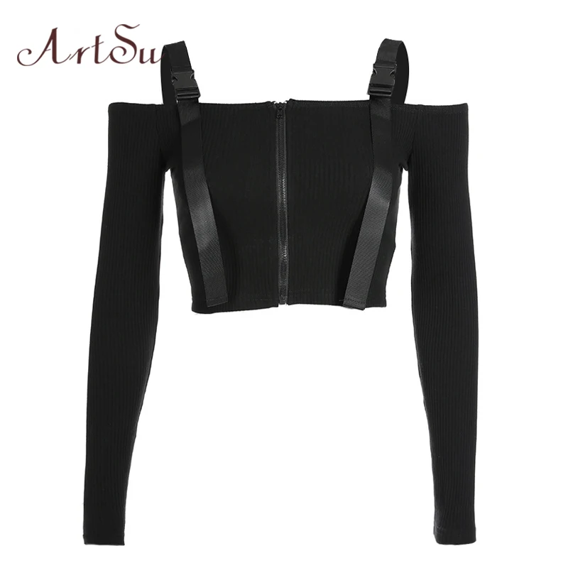

ArtSu 2019 Autumn Off the Shoulder Tops for Women Long Sleeve Crop Top Black T-shirt Femme Tee Shirt Sexy Tshirt ASTS20472