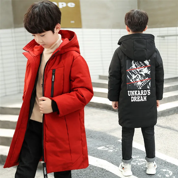 

Boys Winter Jacket Kids Jacket for Boys Hooded Thick Warm Print Long Outerwear Teenage Children Down Jacket Kids Clothes 10 16 Y