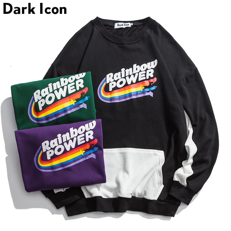 

DARK ICON Rainbow Power Printed Round Neck High Street Sweatshirts Men 2019 Winter Color Block Front Pocket Men's Sweatshirt