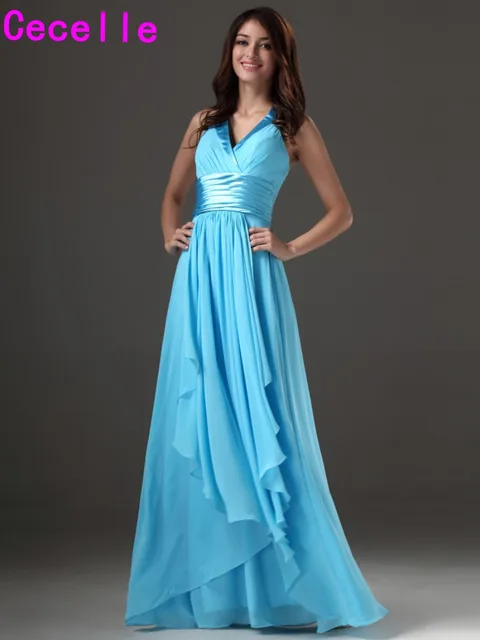 Blue Chiffon Long Beach Bridesmaids Dresses 2017 Pleats Full Length Blue Chiffon Long Beach Bridesmaids Dresses 2017 Pleats Full Length Simple Summer Country Wedding Bridesmaid