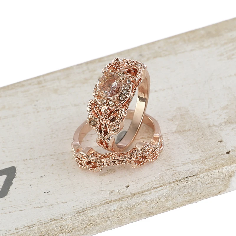 Crazy Feng Promise Couples Rose Gold Color Pairs Wedding Ring Set Engagement Double Finger Rings For Jewelry Gift