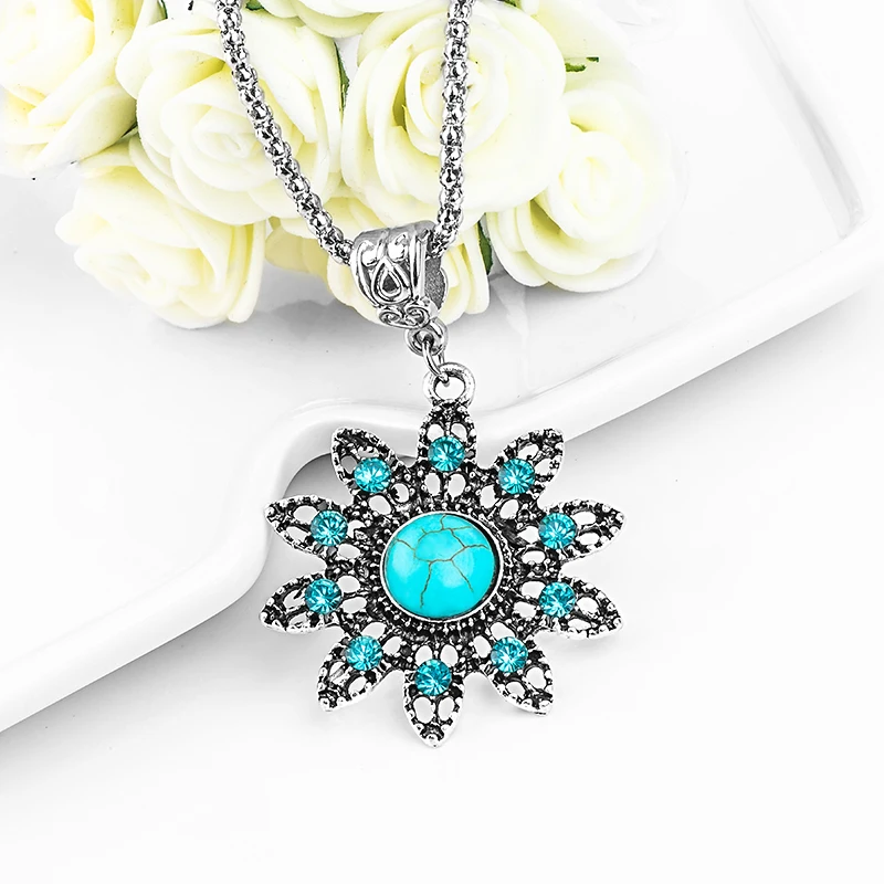 SHUANGR, винтажное ожерелье с подвеской в виде цветка из натурального камня, серебряный цвет, Ретро стиль, очаровательные украшения в богемном стиле, женские колье