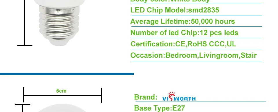 VisWorth высокое Яркость E27 A60 светодиодный лампы AC 110 V-240 V светильник лампа реального Мощность 3 Вт 5 Вт 7 Вт 9 Вт 12 Вт лампада SMD2835 Точечный светильник Инж