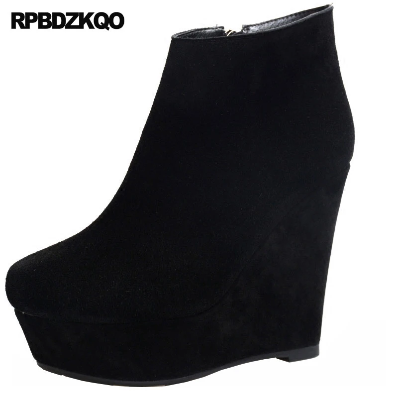 Señoras Botines Cuña Extremo Punta Redonda Ante Tacón Alto Caer Fetiche Zapatos Botas Para Mujer Invierno Pelaje Plataforma Negro Femenino Chino Moda Nuevo Corto|Botas el tobillo| - AliExpress