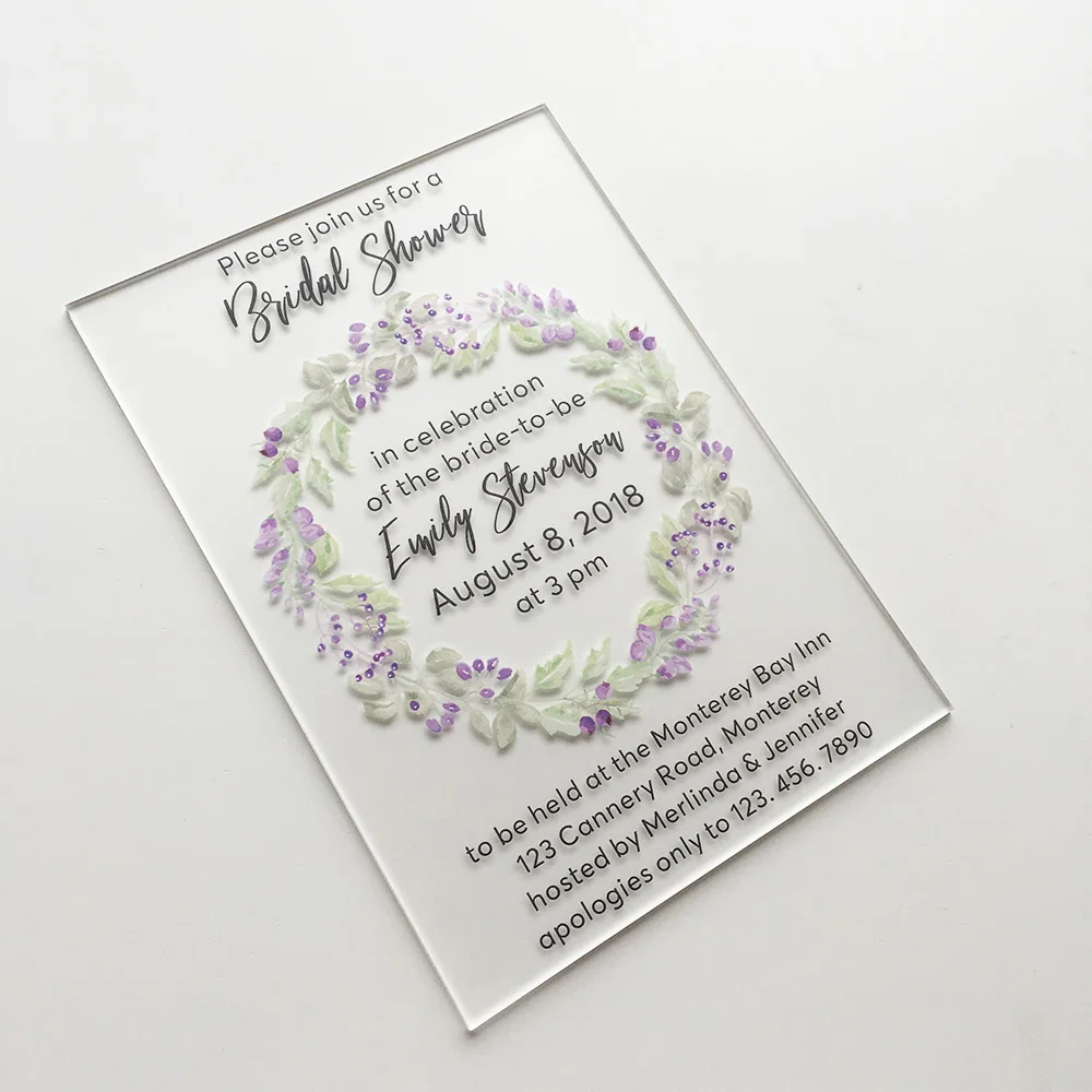  100pieces Per Lot Unique Floral Watercolor 5x7inch Frosted Acrylic Wedding Bridal Shower Invitation - 32867551696