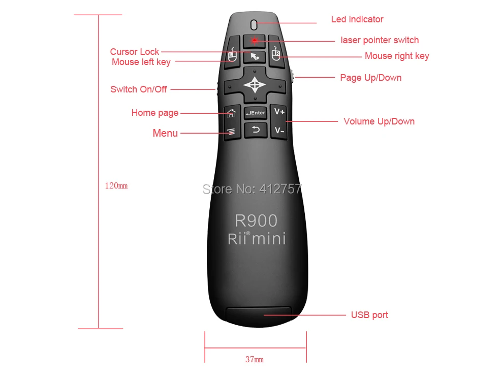 [Бесплатная доставка] Оригинальный Rii R900 2.4 г Беспроводной Air Мышь Presenter с лазерной указкой для офиса/Android ТВ коробка