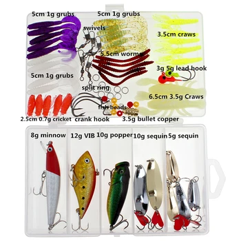 

72pcs/lot Fishing Lure Kit Mixed Hard Lures and Soft Baits with Minnow Popper ViB Sequin Hook Accessories and Fishing Box