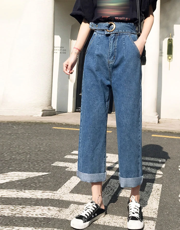 2019 Весенние новые ретро широкие джинсы с высокой талией Модные женские тонкие однотонные свободные прямые повседневные брюки
