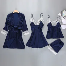 4 шт./компл. Для женщин женская сексуальная сатиновая Ночная сорочка шелковое Ночное платье халат кимоно Ночная рубашка набор нижнего белья пижамы ночной халат de nuit femme