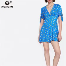 ROHOPO Women Blue pineapple Printed Dress Tie Short Sleeve Chic Female Flared Pleated Above Knee Length Vestido #CW9113
