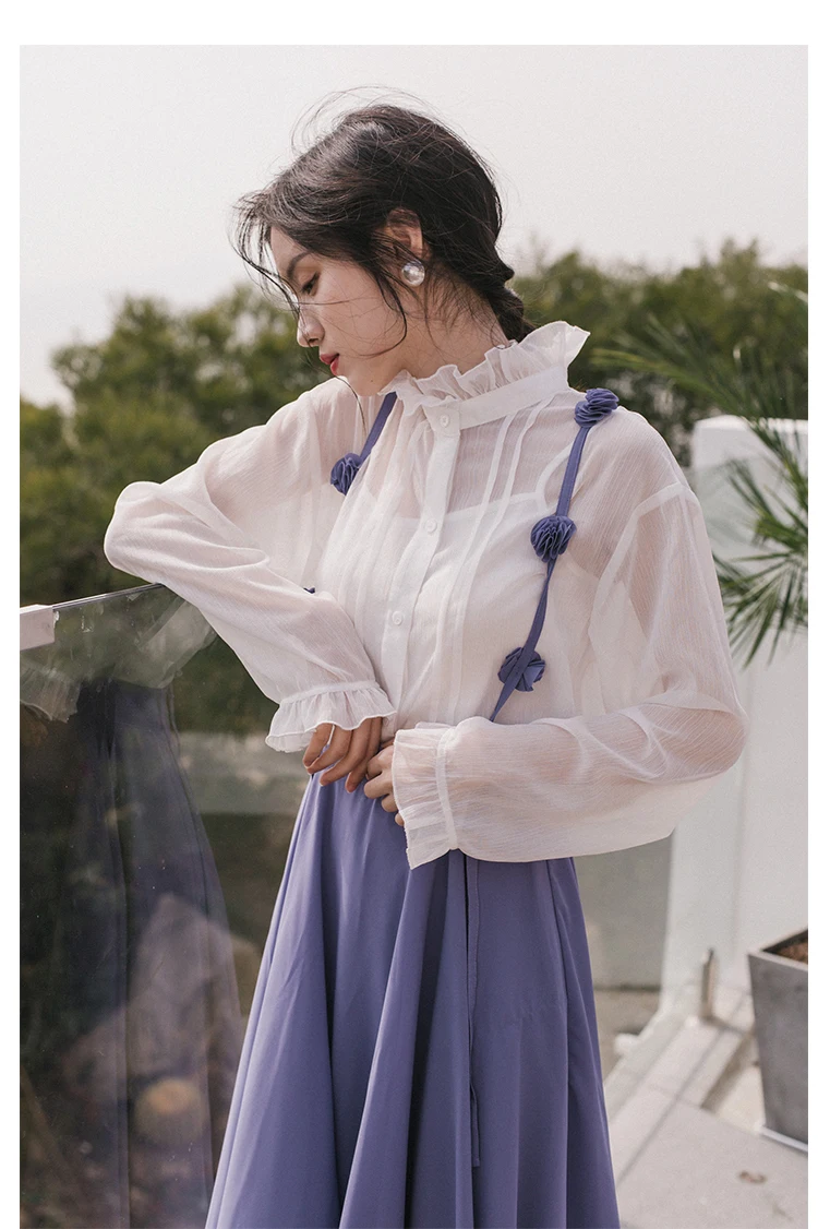 Новые модные женские комплект из двух предметов Винтаж Блузка рубашка+ ремень юбка французский комплект весна