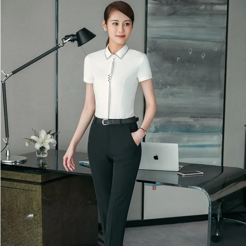 Novelty White Formal Uniforms Professional Pantsuits With Tops And