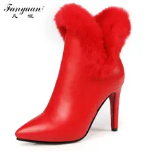 2016 Pointed Toe Stiletto Heels Ankle Boots Brand Designer Sexy High Heels Rabbit Fur Wedding Boots Autumn Winter Ladies Shoe