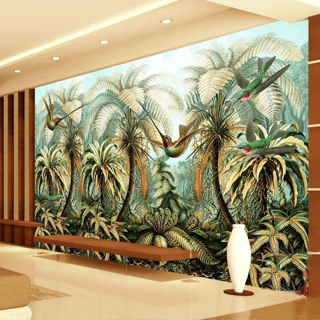 Custom Mural Wallpaper Non Woven Large Hand Painted Wall Painting Custom Mural Wallpaper Non Woven Large Hand Painted Wall Painting Tropical Rainforest Birds Living Room