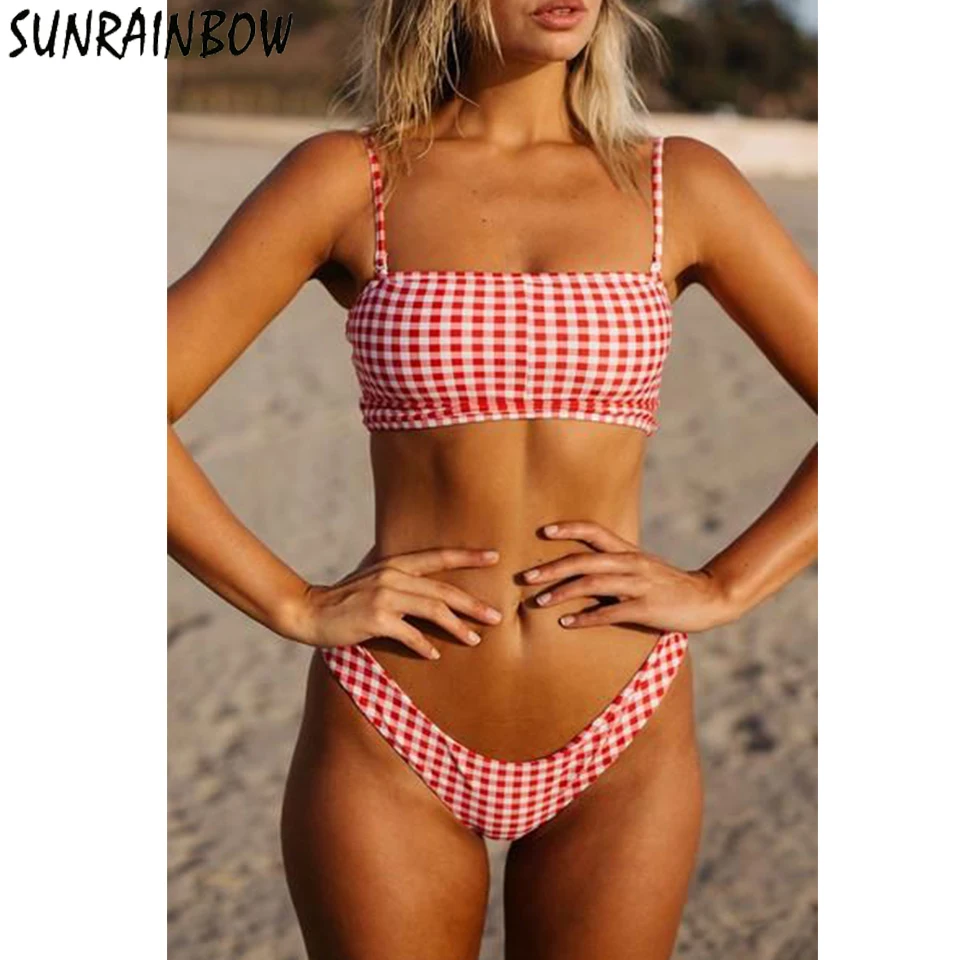 

SUNRAINBOW Mid Waist Bandeau 2019 Biquini New Sexy Striped Women Swimsuit Brazilian Bikini Set Beach Bathing Suit Swim Swimwear