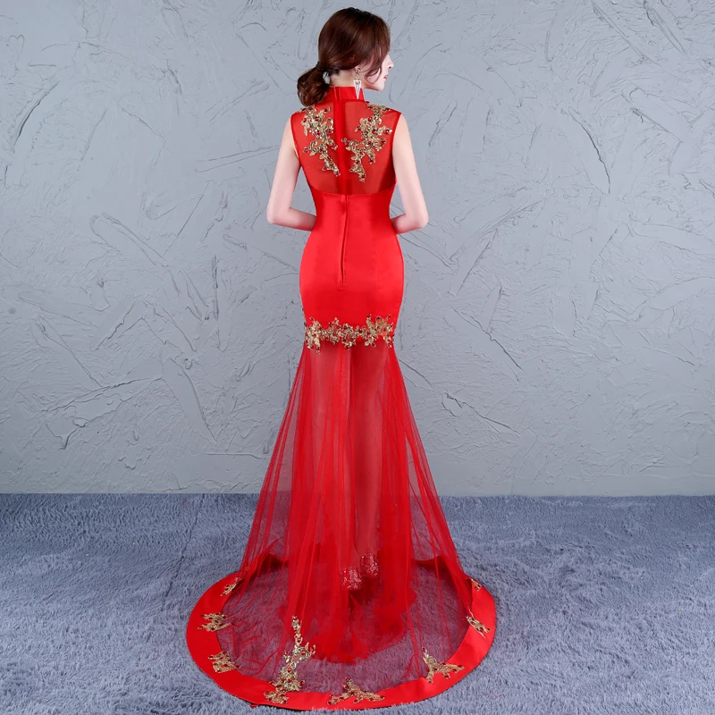 Традиционное китайское платье qipao без рукавов женское длинное зеленое русалки с