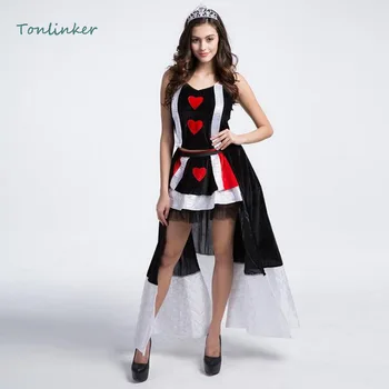 

Halloween Poker Red Heart Queen Costumes Carnival Party Game Costumes Adult Womens Queen Costume Dress Headwear+Skirt+Gloves