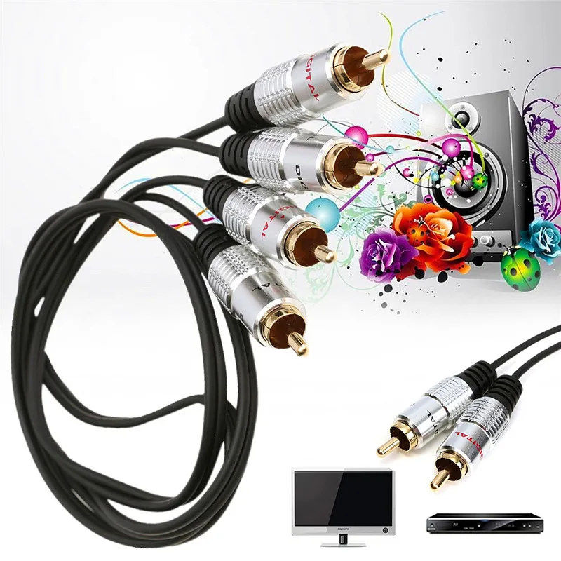 High Quaity Gold Plated Audio Cable 1m OFC Twin 2 RCA Male to 2 RCA Male Stereo Audio Cable Lead Head