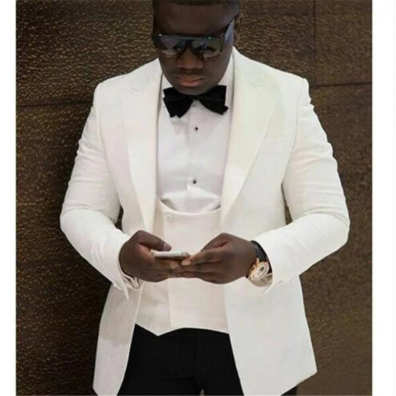 

Summer Style White Men Suits With Black Pants 3Piece(Jacket+Pant+Vest) Wedding Prom Casual Style Slim Groom Tuxedos Blazer