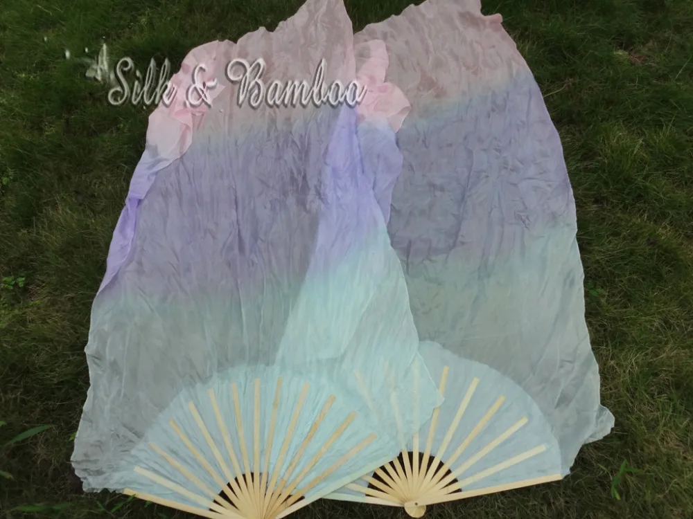 

Pastel turquoise-purple-pink, (1pc right+1 pc left) 1.5m*0.9m(59"*35") hand painted belly dance silk fan veil, real flowy silk