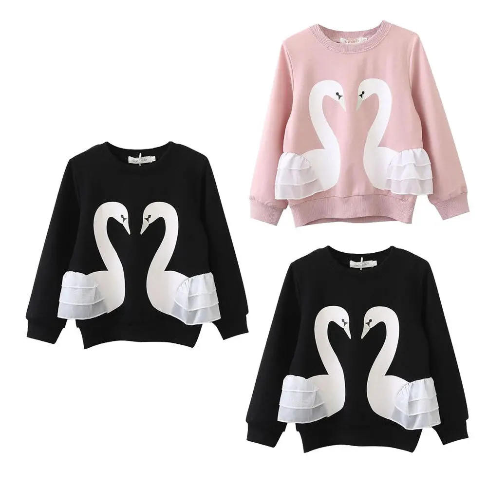 

2018 Child Kids Baby Girl Long Sleeves Cotton Swan Lace Patchwork T-shirt Top Blouse Sweater Clothes