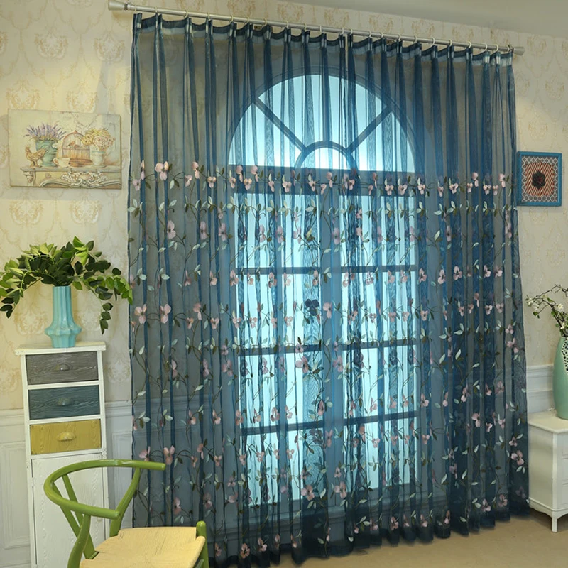 Azul Cortina de tul bordado para sala de estar cortinas de cocina ventana cortinas Panel Sheer vino rojo Sheer Tulle Cortina WP274-30