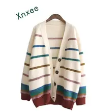 Xnxee осень модный Радужный полосатый кардиган женский Свободный Повседневный вязаный свитер зимнее теплое Женское пальто в Корейском стиле