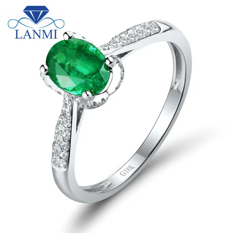 Oval 5x7mm Natural Emerald 18K White Gold Vintage Promise Ring Loving
