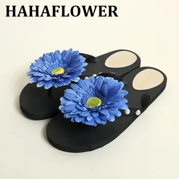 

HAHAFLOWER woman shoes flat beach slippers shoes mules 2017 flower flip flops bohemia thong slippers floral sandals 35-44