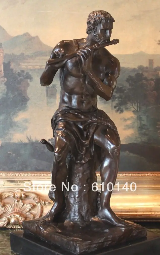 

Elegant Rare Male Nude Pan Flute Satyr Musical Mystic God Bronze Marble Statue