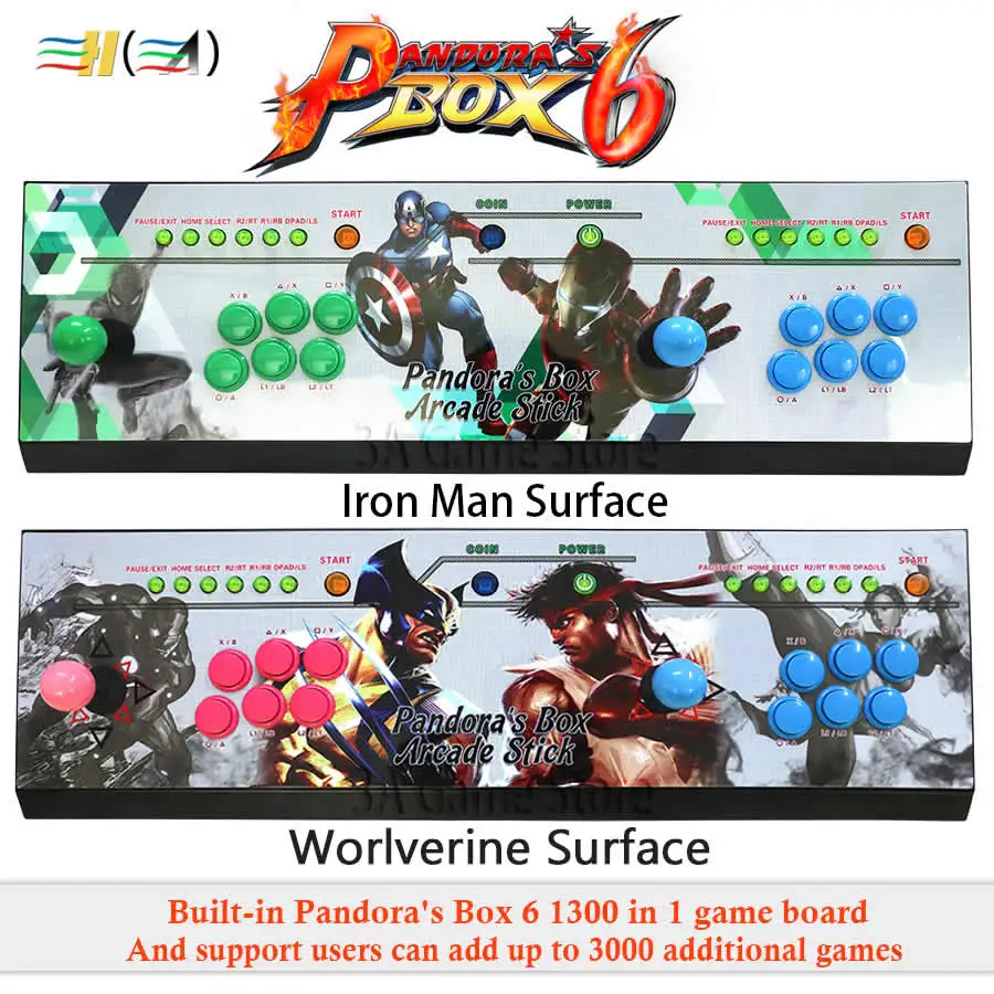 New Pandora Box 6 1300 in 1 Family console 2 players Joysticks led buttons can add extra 3000 games Support FBA MAME PS1 game 3d