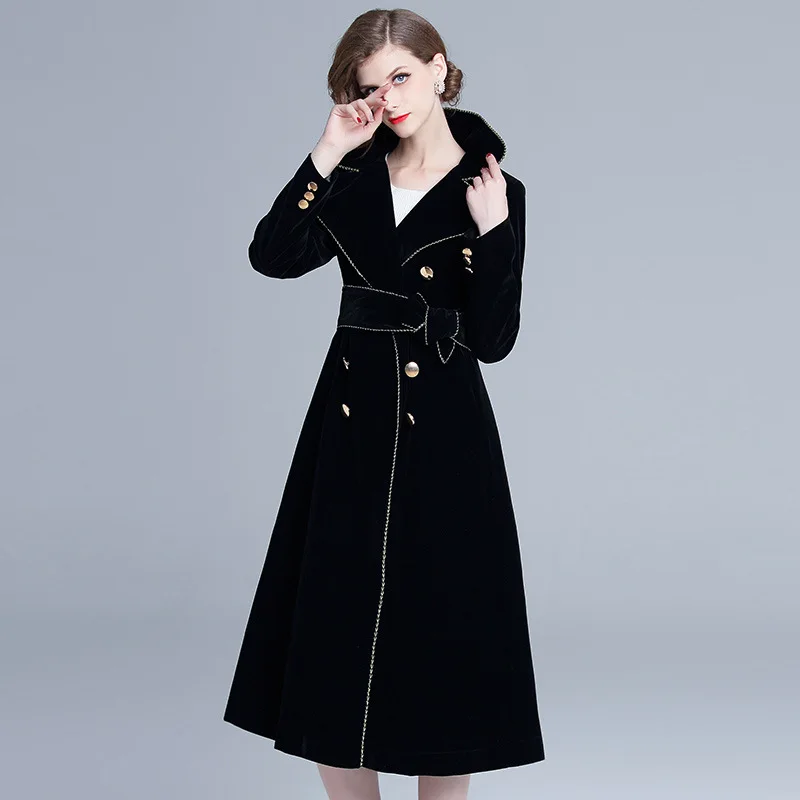 Longue Nouvelles 2018 Couleur Hiver Solide Rétro Automne breasted Vintage Manteau Lâche Noir Tranchée Velours Double Femmes De It8wB