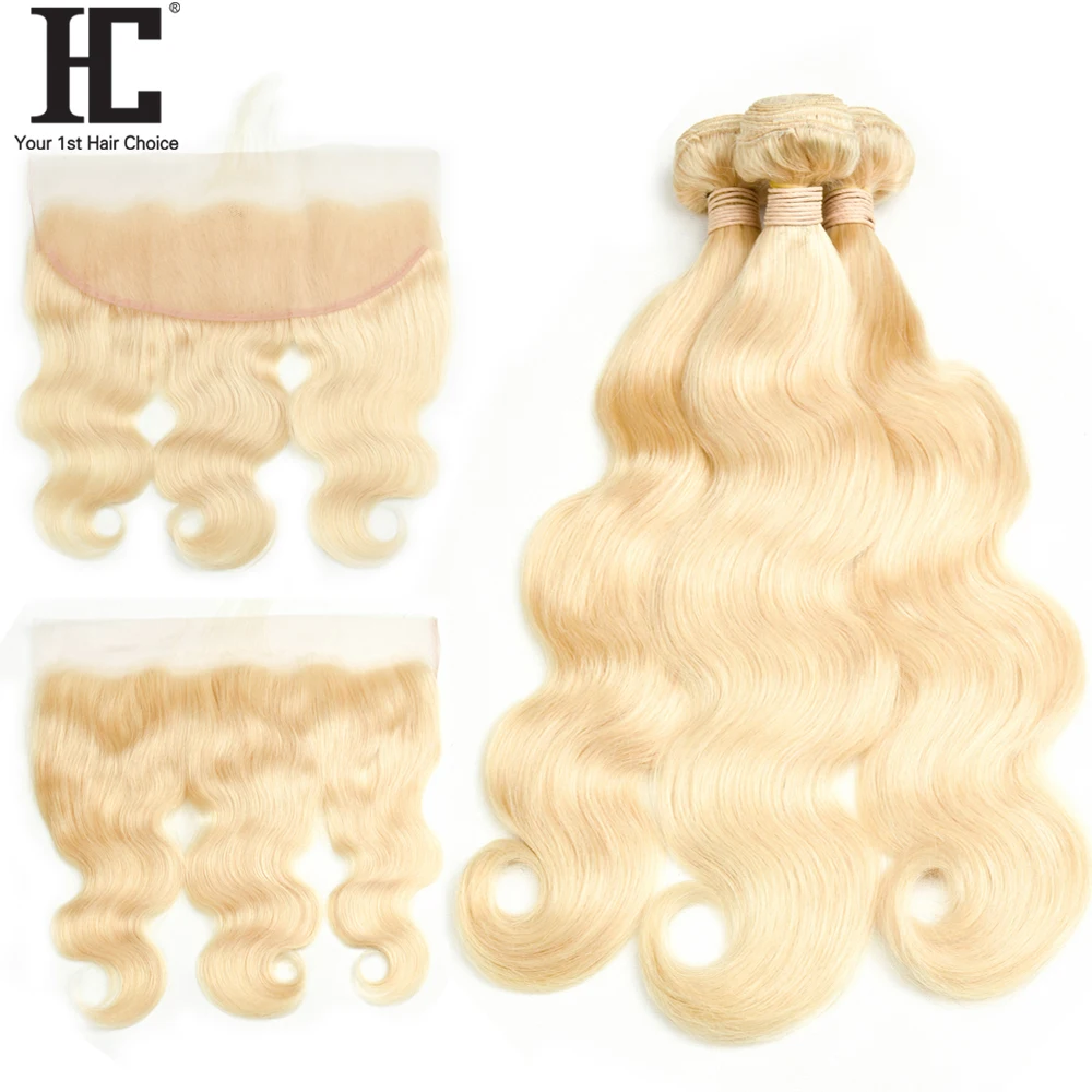 HC блондинка пучки с фронтальной 613 Малайзии натуральные волосы Связки с закрытием 13X4 фронтальная с 3 Связки Волосы remy расширения