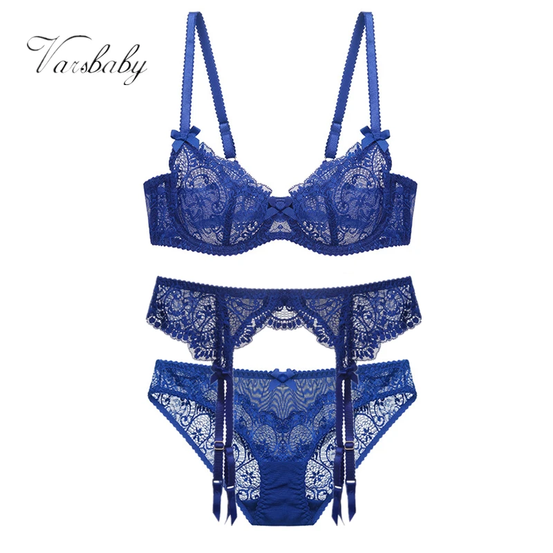 Varsbaby Floral lace Ultra thin sexy bra sets with garter 3piece/set-in Bra & Brief Sets from