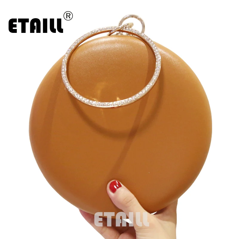 

ETAILL Diamond Circular Ring Women Evening Bags Round Shaped Clutch Purse Clutches Chain Shoulder Handbags White Brown Black