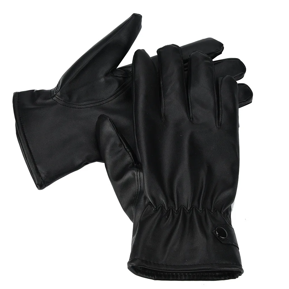 Men Fashion Warm Cashmere PU Leather Male Winter Gloves Driving Waterproof Black Glove Amazing