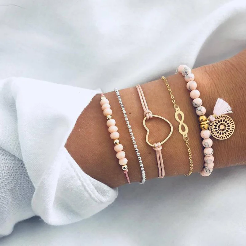 

Bohemian Handmade Pink Crystal Beads Bracelets for Women Vintage Fashion Heart Tassel Bracelet Bangles Jewelry Bijoux AB239