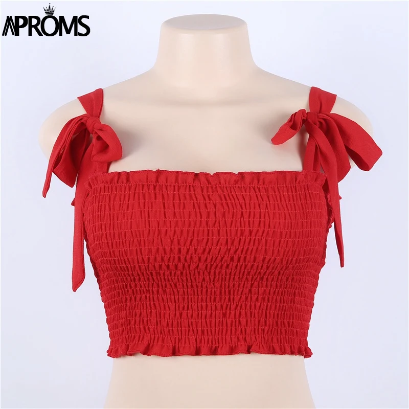 Aproms, 90 s, крутая уличная одежда для девочек, эластичный кроп-топ, женский сексуальный бантик, оборки, тонкая женская майка,, летняя однотонная повседневная майка - Цвет: Red