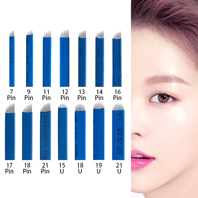 

100 PCS Blue 14 16 18 Pin U Shape Tattoo Needles Permanent Makeup Eyebrow Embroidery Blade For 3D Microblading Manual Tattoo Pen