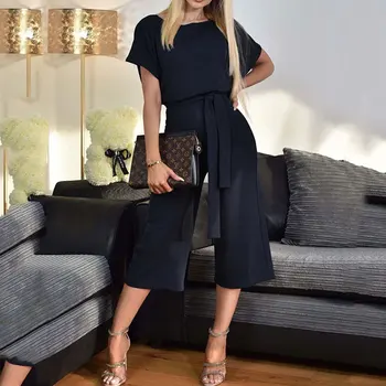 

2019 Summer Loose Jumpsuit Women High Waist Long Jumpsuit Female Slim Fit O-neck Jumpsuit For Women Short Sleeve Jumpsuit