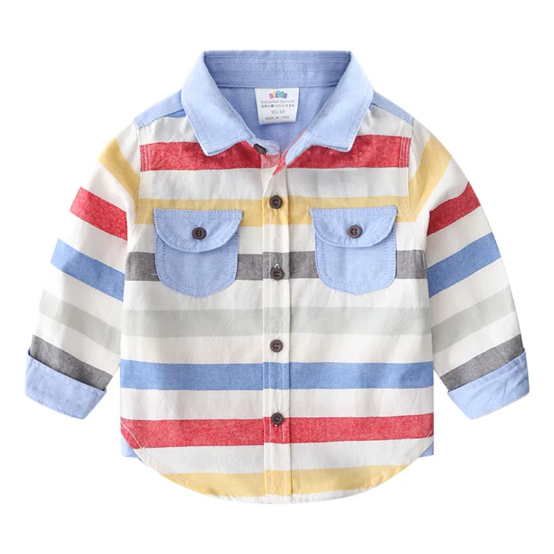 

2019 Spring Autumn 2-8 10 12 Years Long Sleeve Pocket Colorful Striped Color Patchwork Cotton Baby Kids Boy Shirts For Children