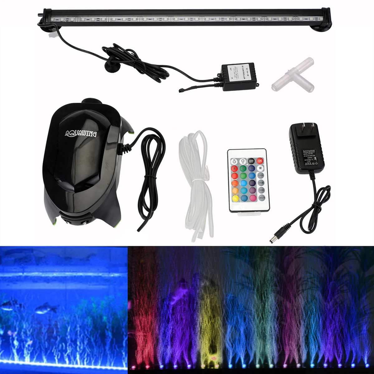 

US Plug Underwater Aquarium Fish Tank Air Bubble Light 5050 RGB LED Submersible Lamp + Increase Oxygen Air Pump + IR Remote