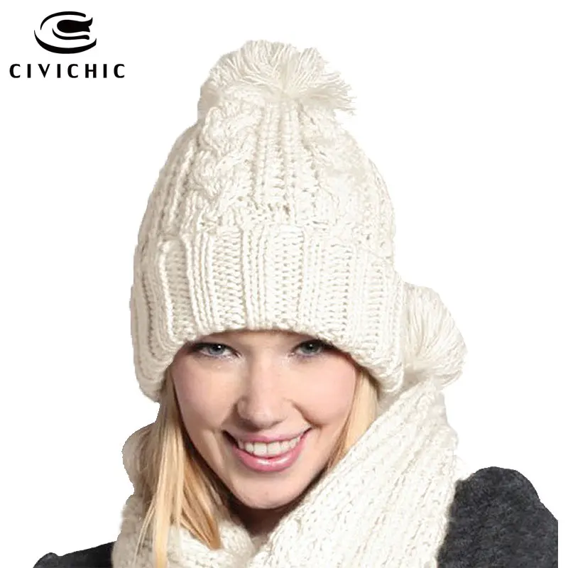 

CIVICHIC Classic Warm Set Women's Knit Scarf Hat for Winter Crochet Headwear Pompon Beanies Skullies Twist Thicken Shawl SH162
