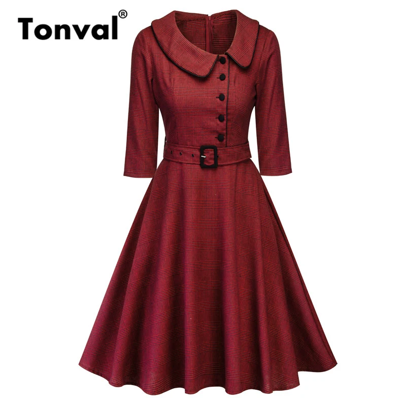 Goede Tonval Casual Bourgondi euml; Elegant Office Lady Plaid 3 4 Mouwen Vintage Jurk Turn down Kraag Gordel Vrouwen Retro Winter Jurken